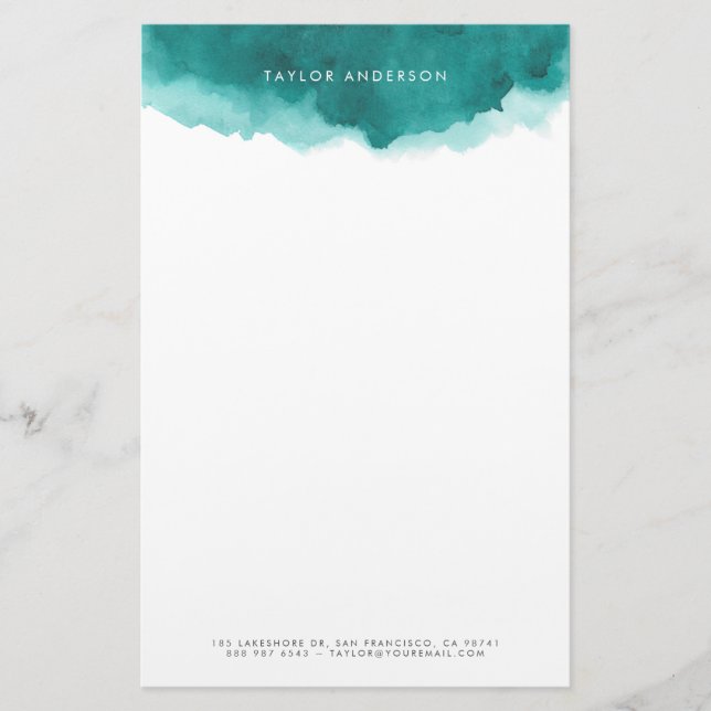 Moderner Minimalistischer Aquamariner Wasserfarben Briefpapier (Vorderseite)