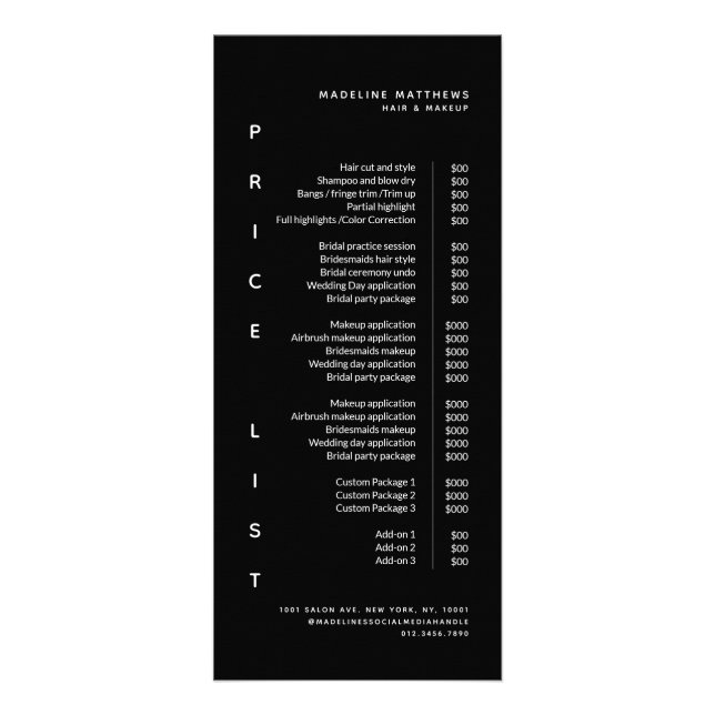 Moderner Minimalistischer Black Salon Preis List S Werbekarte (Vorne)