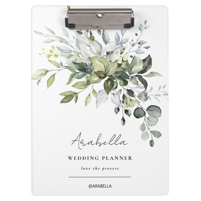 Moderner Minimalistischer Eukalyptus-Hochzeitsplan Klemmbrett (Vorderseite)