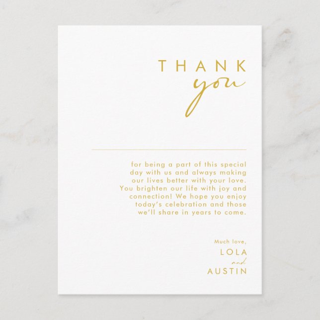 Moderner Minimalistischer Gold Schriftart Dankesch Postkarte (Vorderseite)
