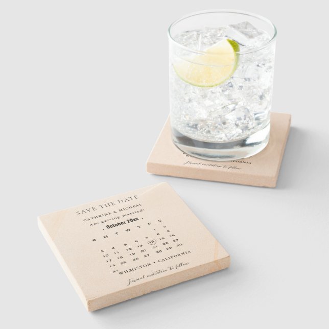 Moderner Minimalistischer Hochzeitkalender Save th Steinuntersetzer (Seitenansicht)