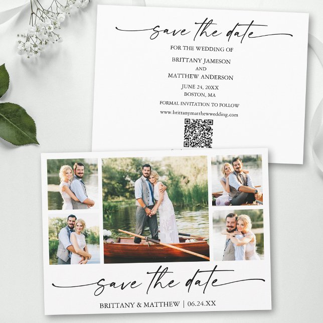 Moderner Minimalistischer InkScript 5 Foto QR Code Save The Date (Add your wedding website or social media web address to the QR Scan Code.)