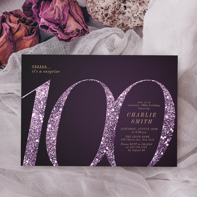 Moderner minimalistischer lila Glitzer 100. Geburt Einladung (Modern minimalist purple glitter 100th birthday invitation)