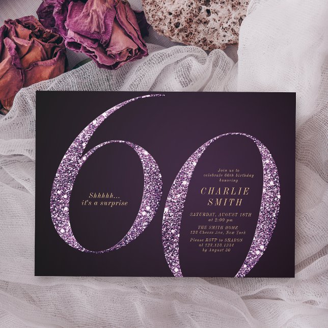 Moderner minimalistischer lila Glitzer 60. Einladung (Modern minimalist purple glitter 60th birthday invitation)