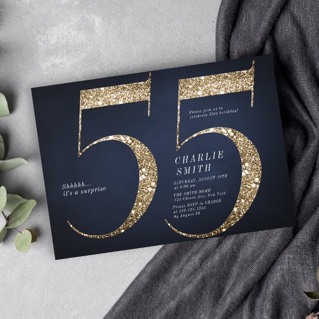 Moderner Minimalistischer Marinegoldgold Glitzer 5 Einladung (Modern minimalist navy gold glitter 55th birthday invitation)