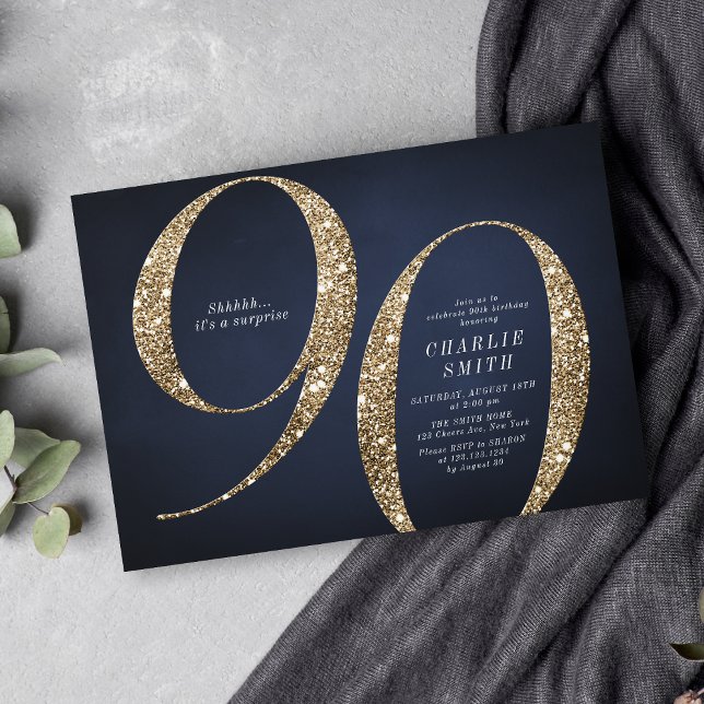 Moderner Minimalistischer Marinegoldgold Glitzer 9 Einladung (Modern minimalist navy gold glitter 90th birthday invitation)