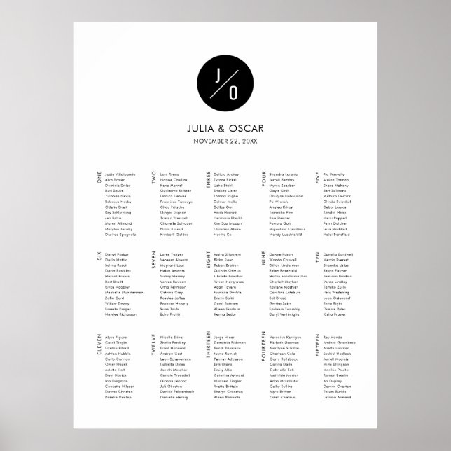 Moderner Minimalistischer Mongram-Hochzeitplan Poster (Vorne)
