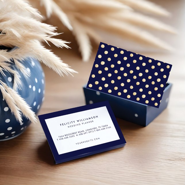 Moderner Minimalistischer Navy Blue & Gold Polka D Visitenkarte (Modern Minimalistic Navy Blue & Gold Polka Dot Business Card)