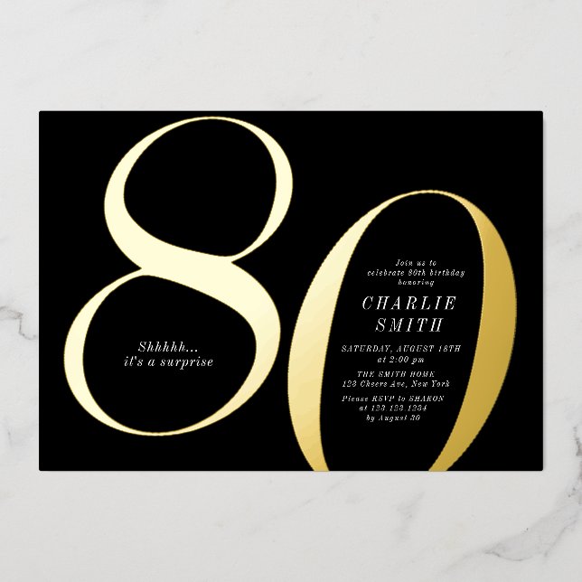 Moderner minimalistischer Schwarz und Gold 80. Geb Folieneinladung (Vorderseite)