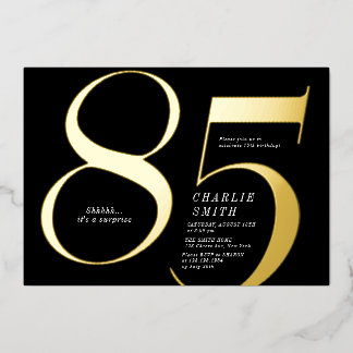 Moderner minimalistischer Schwarz und Gold 85. Geb Folieneinladung
