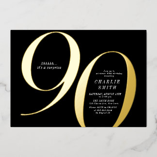 Moderner minimalistischer Schwarz und Gold 90. Geb Folieneinladung