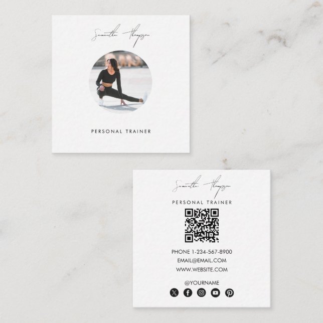 Moderner Minimalistischer Signaturskript-Foto QR-C Quadratische Visitenkarte (Vorne/Hinten)