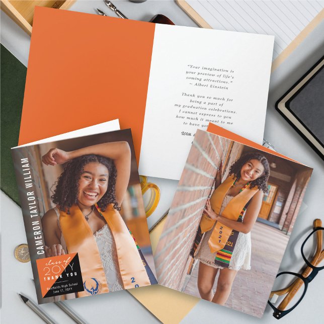 Moderner Minimalistischer Split Square Foto Abschl Dankeskarte (Modern Minimalist Orange Split Square Photo Graduation Thank You Card @ zazzle.com/color_therapy)