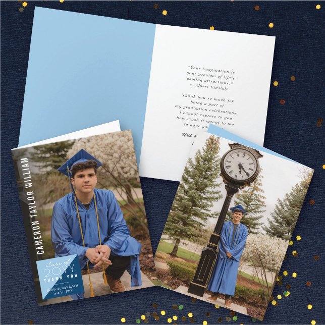 Moderner Minimalistischer Split Square Foto Abschl Dankeskarte (Modern Minimalist Blue Split Square Photo Graduation Thank You Card @ zazzle.com/color_therapy)