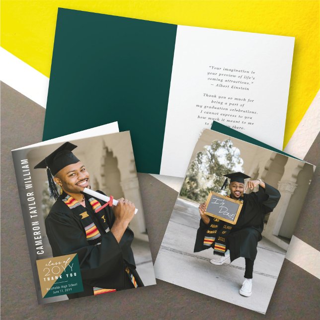 Moderner Minimalistischer Split Square Foto Abschl Dankeskarte (Modern Minimalist Split Green/Gold Square Photo Graduation Thank You Card @ zazzle.com/color_therapy)