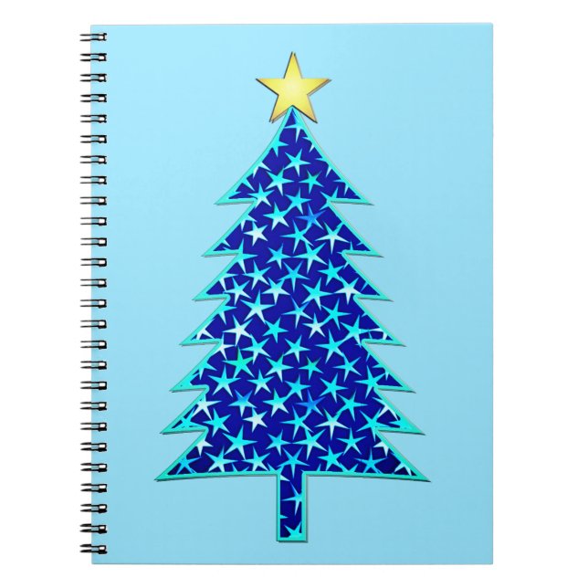 Moderner Minimalistischer Weihnachtsbaum mit blaue Notizblock (Vorderseite)