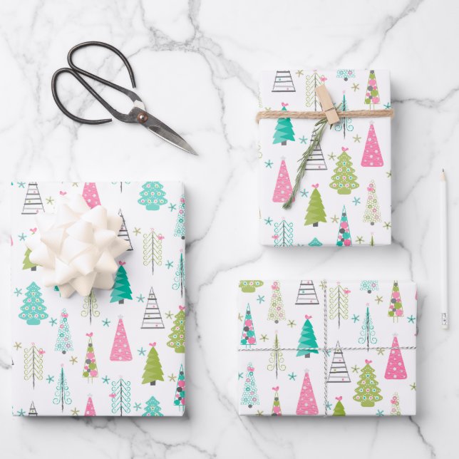 Moderner Minimalistischer Weihnachtsbaum Rosa Aqua Geschenkpapier Set (Vorderseite)