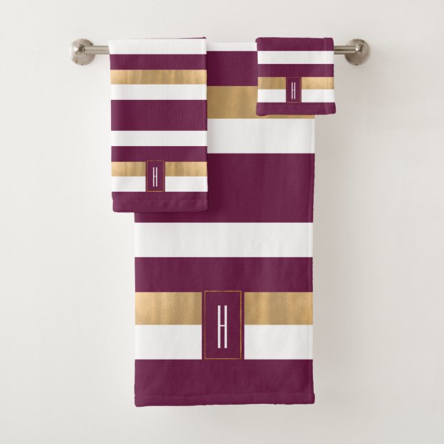 Moderner Mit Monogramm Maroon gestreift Badhandtuch Set (Insitu)
