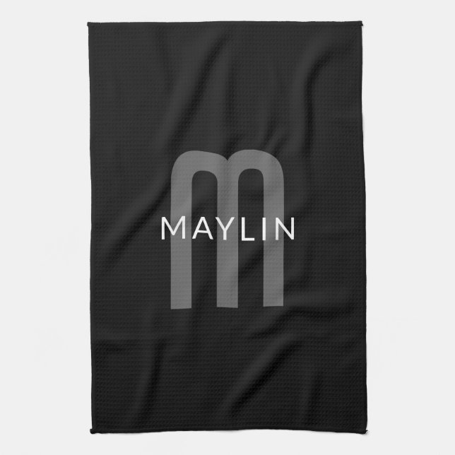 Moderner Mit Monogramm Name | Black Gray White Geschirrtuch (Vertikal)