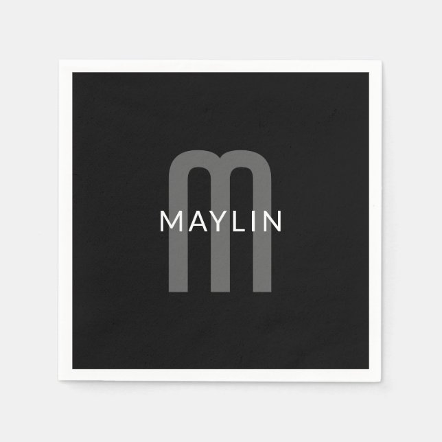 Moderner Mit Monogramm Name | Black Gray White Serviette (Vorderseite)