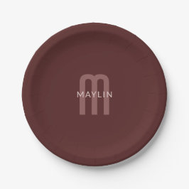 Moderner Mit Monogramm Name | Maroon Red Pappteller