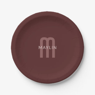Moderner Mit Monogramm Name   Maroon Red Pappteller