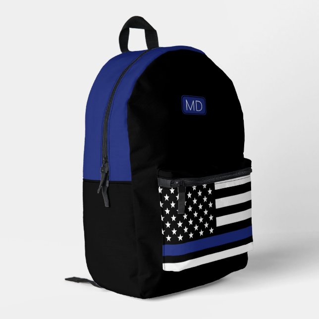 Moderner Mit Monogramm Polizeibeamter Thin Blue Li Bedruckter Rucksack (Rückseitige Ecke links)