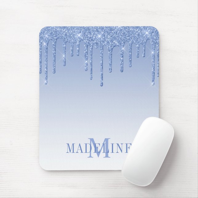 Moderner, moderner Dusty Blue Monogram Glitzer Mousepad (Mit Mouse)