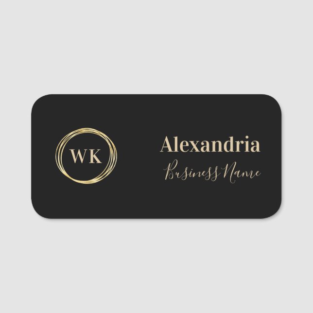 Moderner Monogram Black Gold Mitarbeiter Namensschild (Vorderseite)