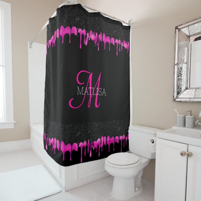Moderner Monogram Driving Glitzer Schwarz Hot Pink Duschvorhang (Beispiel)
