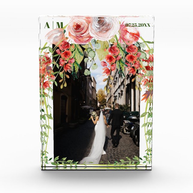 Moderner Monogram Floral Wedding Foto Block (Vorderseite)