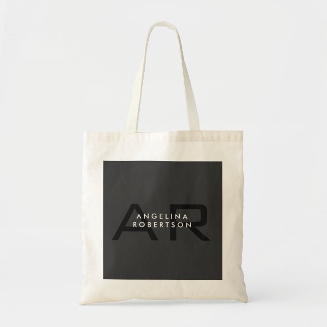 Moderner Monogram Schlicht Grau Trendy Add Name Tragetasche (Vorne)