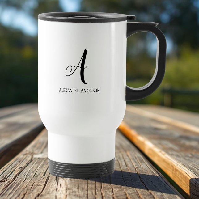 Moderner Monogramm-Brief und vollständiger Name Tr Reisebecher (Modern Monogram letter and full name Travel Mug - Black and white)