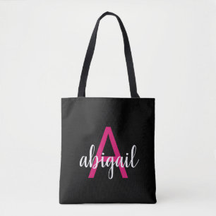 Moderner Monogramm-Name für Schwarz-Hot-Pink Tasche