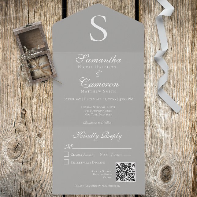 Moderner Monogramm-Silver-Graue QR-Code All In One Einladung (Von Creator hochgeladen)