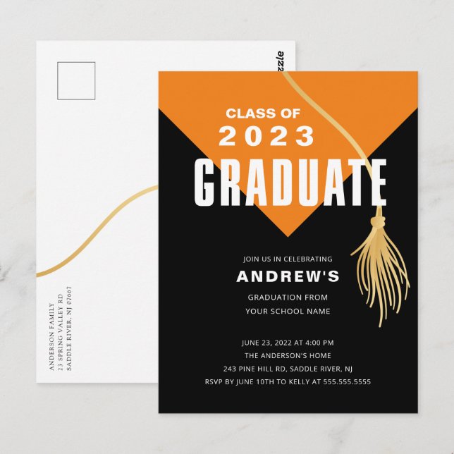 Moderner, muffiger Orange Grad Cap Abschluss Postc Postkarte (Vorne/Hinten)