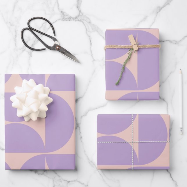 Moderner Musterlavender Mitte des Jahrhunderts Geschenkpapier Set (Vorderseite)