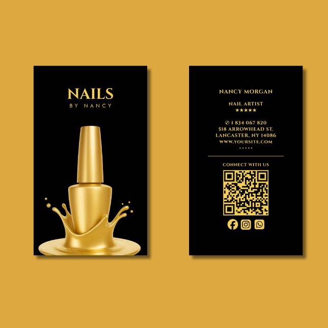 Moderner Nagelsalon QR Code Black and Gold Visitenkarte (Von Creator hochgeladen)
