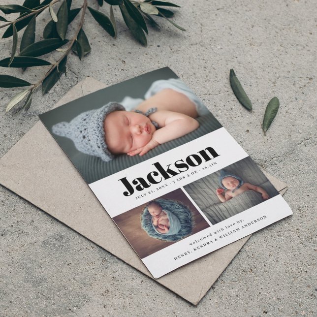 Moderner Name 3 Foto Collage Geburtsankündigung Ankündigung (Von Creator hochgeladen)