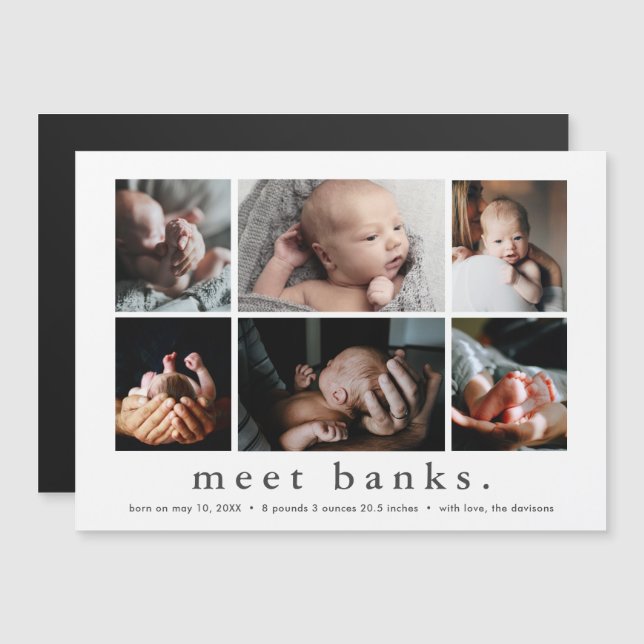 Moderner Name 6 Foto Collage Baby Vielen Dank Magneteinladung (Vorne/Hinten)