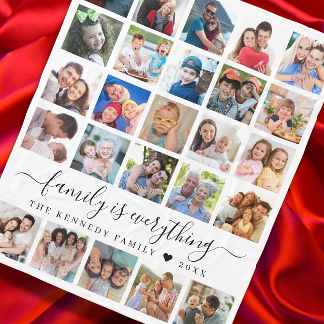Moderner Name der 25 Zitate-Reihe für Fotosammlung Fleecedecke ("Customize your 25-photo collage blanket. Tailored with family name—Family is Everything.")