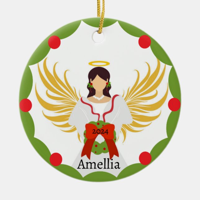 Moderner Name des Heiligen Engels Red Green Holly  Keramik Ornament (Vorne)