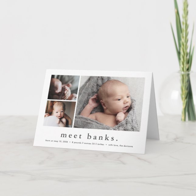 Moderner Name Einfach 3 Foto Collage Baby Birth Ankündigung (Vorderseite)