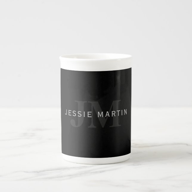 Moderner Name & Monogramm | Grau & Schwarz Prozellantasse (Vorderseite)