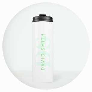 Moderner Name & Monogramm Grün & Weiß Thermosbecher