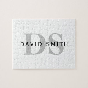 Moderner Name & Monogramm   Weiß Schwarz & Grau