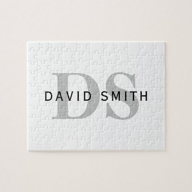 Moderner Name & Monogramm | Weiß Schwarz & Grau (Horizontal)
