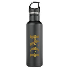 Moderner Name und Monogramm | Gold & Dunkelgrau Edelstahlflasche