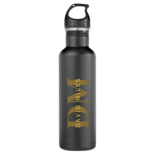 Moderner Name und Monogramm   Gold & Dunkelgrau Edelstahlflasche