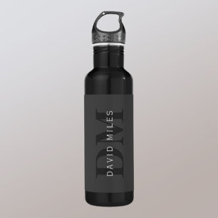 Moderner Name und Monogramm   Grau und Schwarz Edelstahlflasche